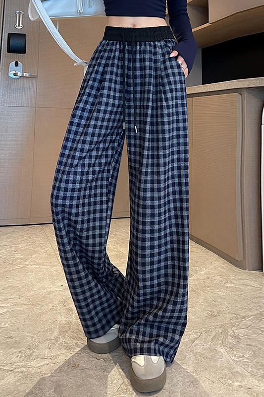 實拍復古格子闊腿褲女2025秋季新款慵懶風高腰寬松遛彎直筒拖地褲
