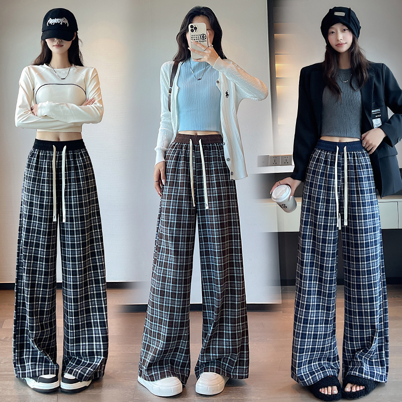 實拍復古格子闊腿褲女2025秋季新款慵懶風高腰寬松遛彎直筒拖地褲
