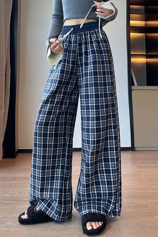 實拍復古格子闊腿褲女2025秋季新款慵懶風高腰寬松遛彎直筒拖地褲