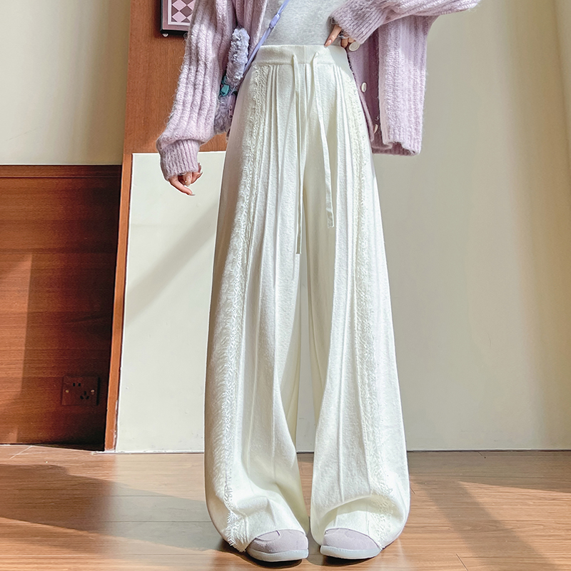 實拍設計感蕾絲針織闊腿褲女2025秋冬新款高腰顯瘦休閑直筒長褲子