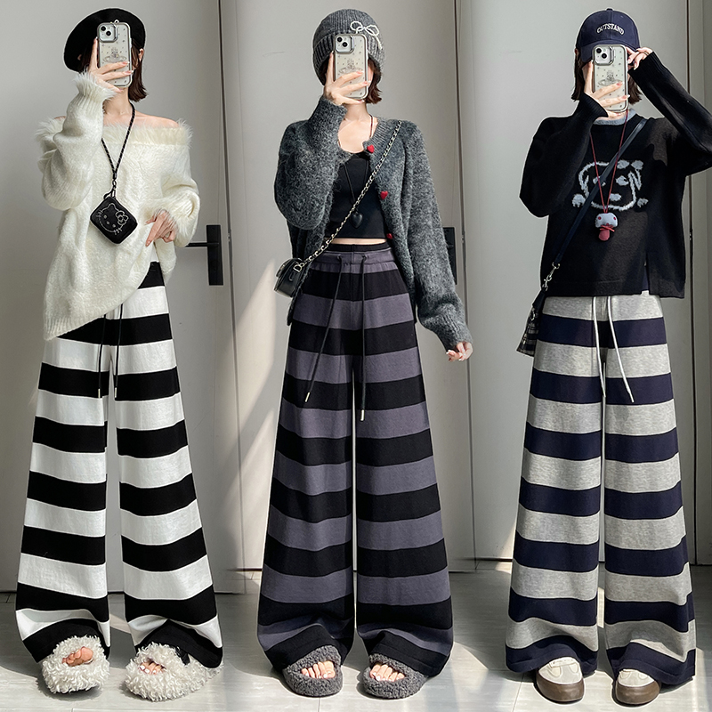 實拍~2025年秋冬新款條紋闊腿褲休閑長褲寬松針織毛線拖地褲女ins