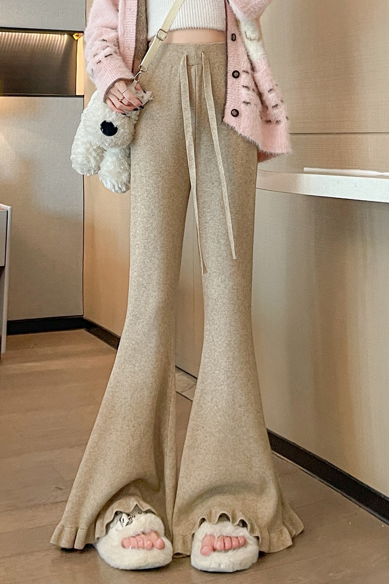 實拍花邊針織微喇褲女2025秋冬新款高腰顯瘦慵懶風休閑闊腿褲