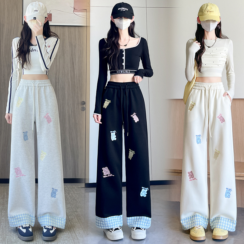 實拍2025秋冬新款慵懶風卡通印花闊腿長褲女休閑顯瘦百搭運動衛褲