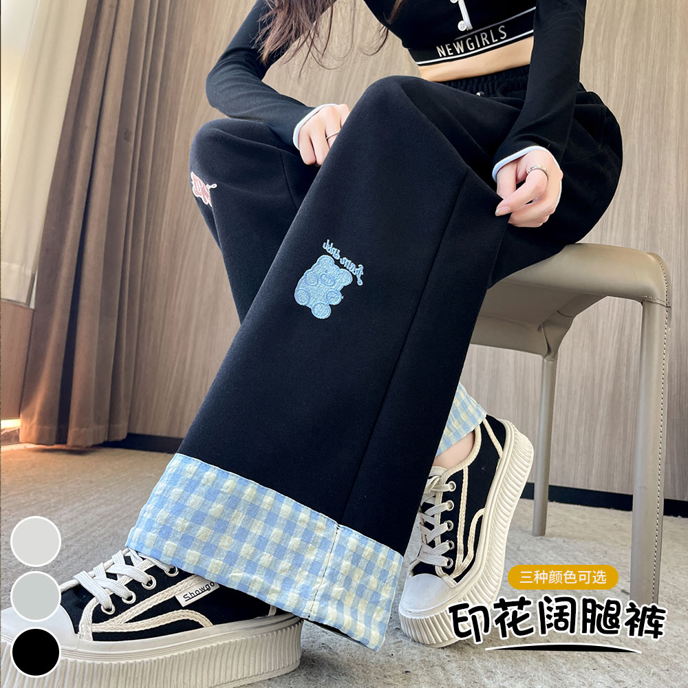 實拍2025秋冬新款慵懶風卡通印花闊腿長褲女休閑顯瘦百搭運動衛褲