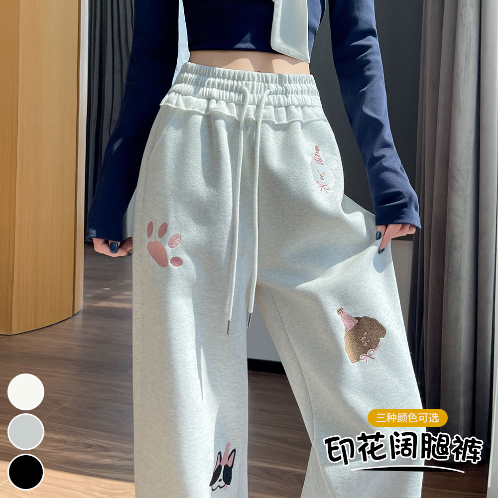 實拍2025秋冬新款慵懶風卡通印花闊腿長褲女休閑顯瘦百搭運動衛褲