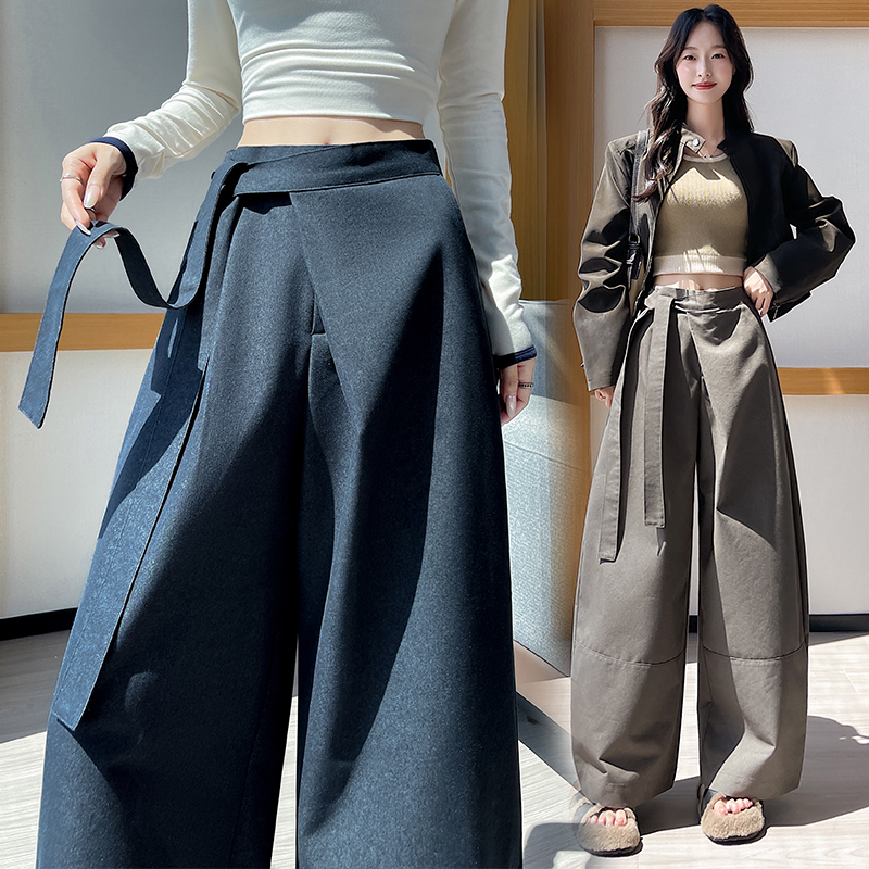 實拍西裝闊腿褲女2025秋冬設計感綁帶高腰垂感直筒寬松休閑彎刀褲