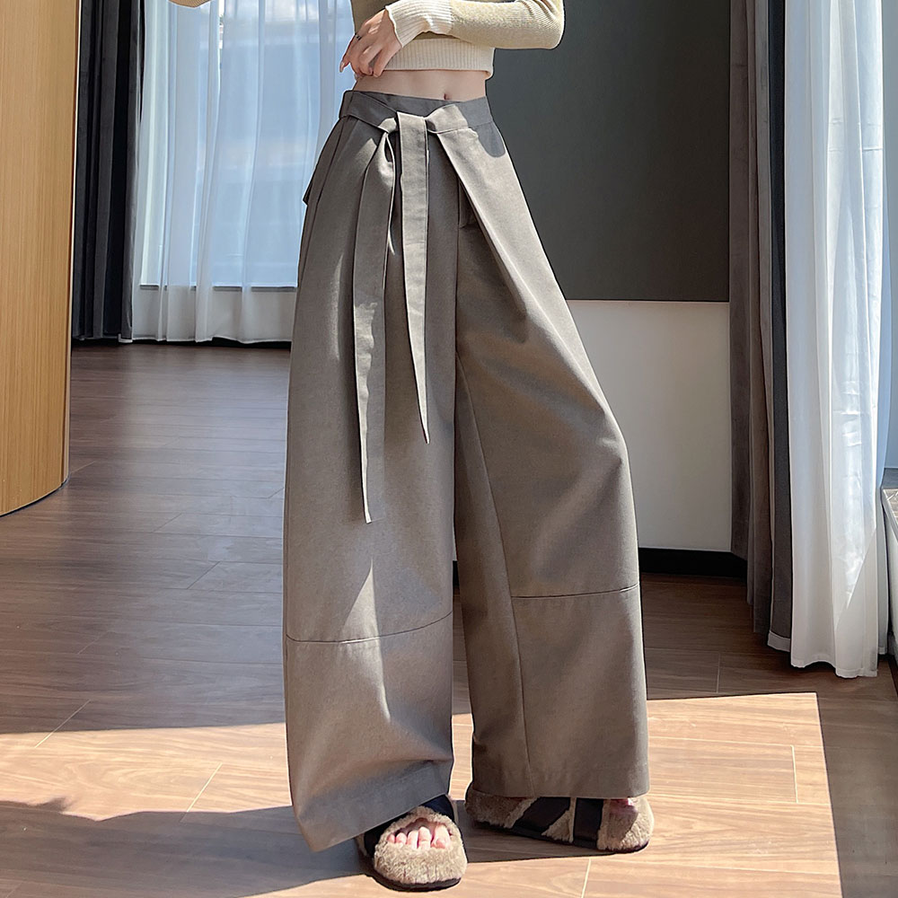 實拍西裝闊腿褲女2025秋冬設計感綁帶高腰垂感直筒寬松休閑彎刀褲