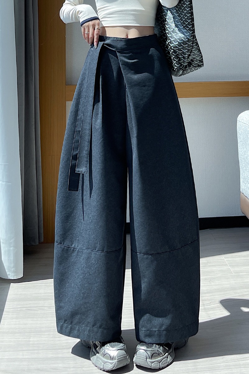 實拍西裝闊腿褲女2025秋冬設計感綁帶高腰垂感直筒寬松休閑彎刀褲