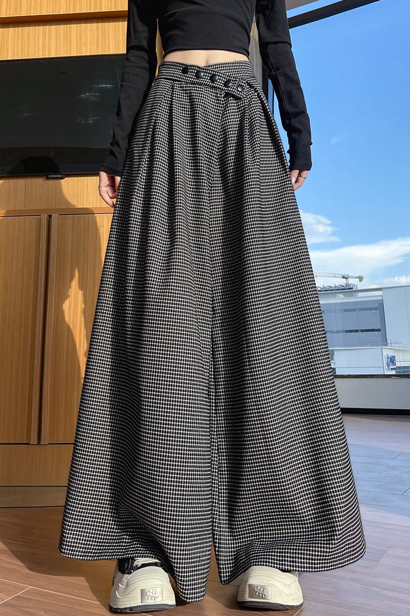實拍復古格子闊腿褲女2025秋冬慵懶感多扣寬松直筒休閑西裝褲褲裙