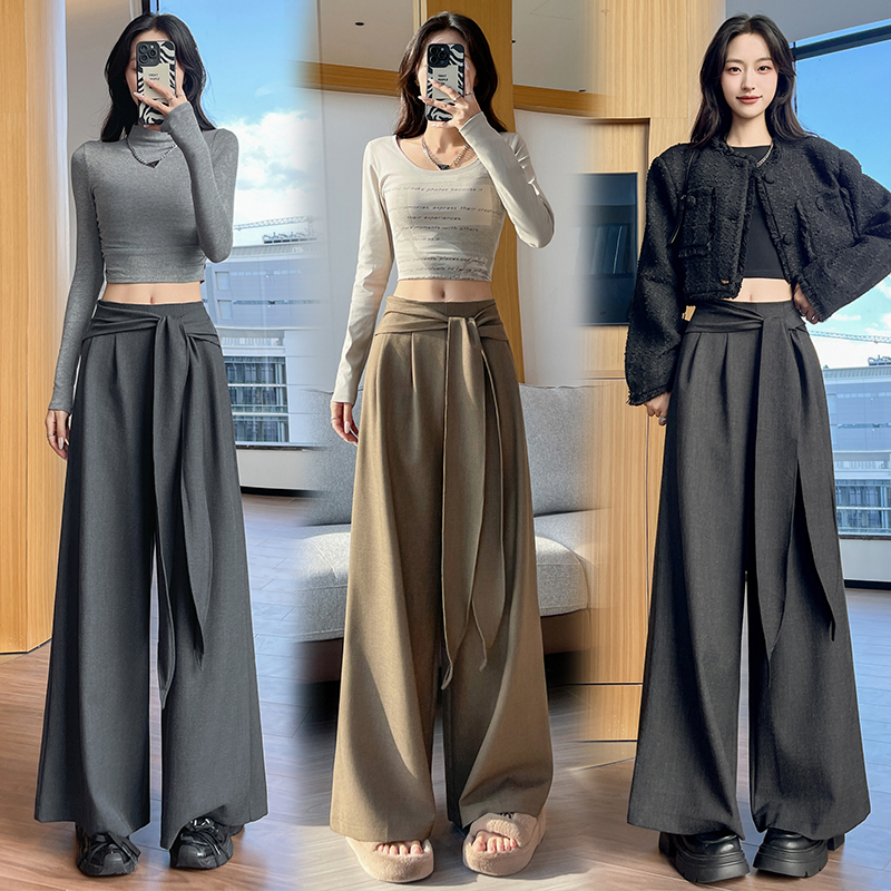 實拍西裝闊腿褲女2025秋冬設計感綁帶高腰垂感直筒寬松休閑拖地褲