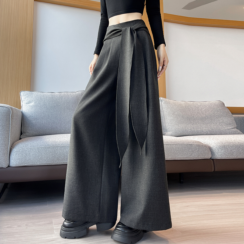 實拍西裝闊腿褲女2025秋冬設計感綁帶高腰垂感直筒寬松休閑拖地褲