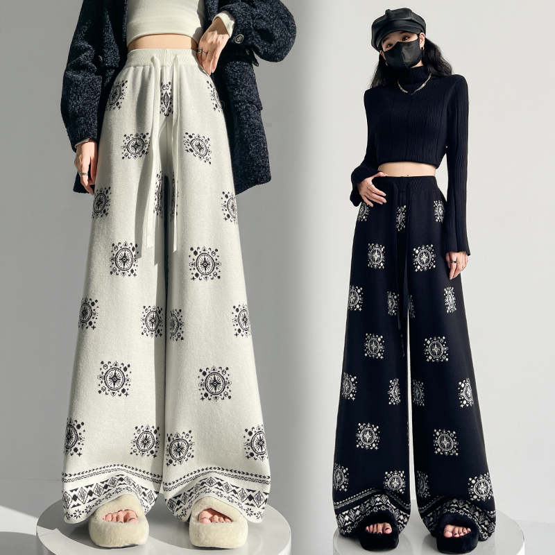 實拍復古印花針織闊腿褲女2025秋冬新款高腰顯瘦慵懶垂感休閑長褲