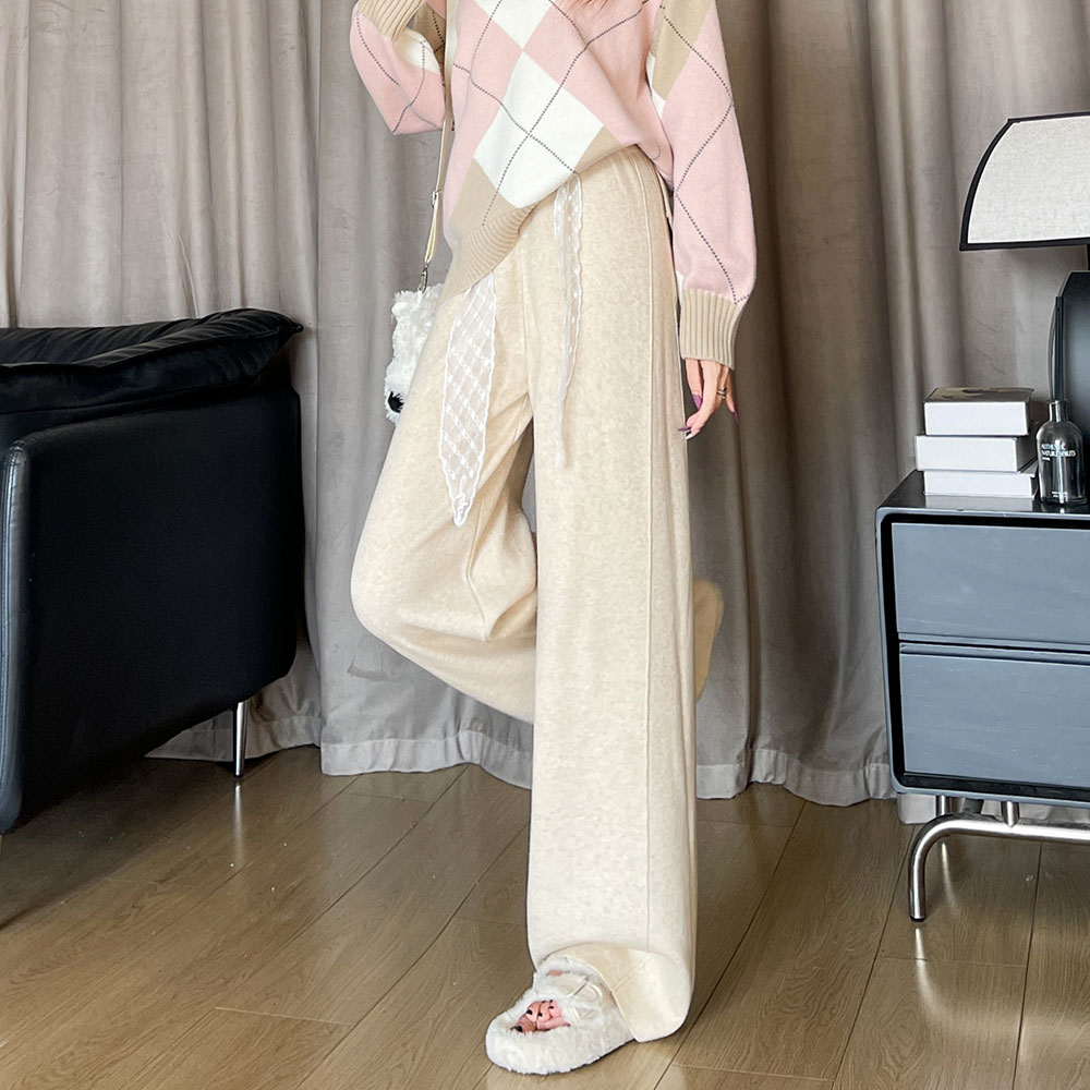 實拍蕾絲腰帶針織闊腿褲女2025秋冬新款高腰顯瘦慵懶垂感休閑褲子