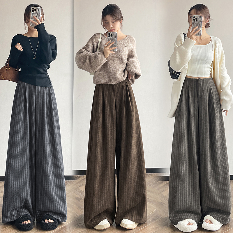 實拍2025秋冬新款加厚條紋毛呢羊絨西裝闊腿褲女高腰休閑拖地長褲