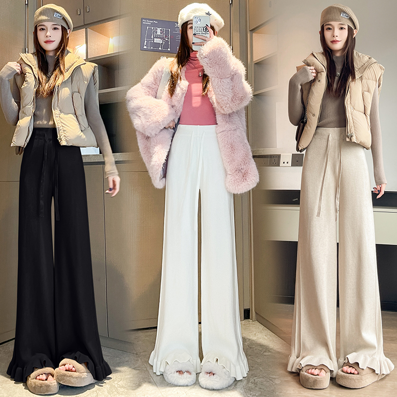 實拍2025秋冬新款木耳邊針織休閑闊腿褲慵懶風軟糯毛線拖地褲子女