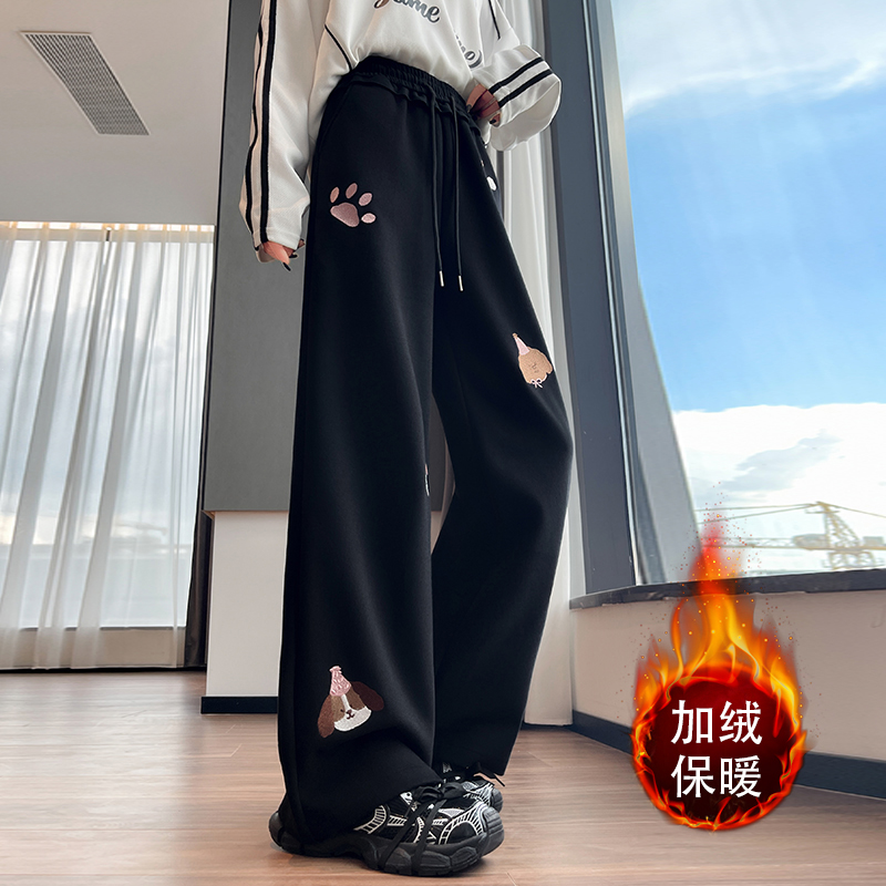 實拍2025秋冬加絨慵懶風卡通印花闊腿長褲女休閑顯瘦百搭運動衛褲
