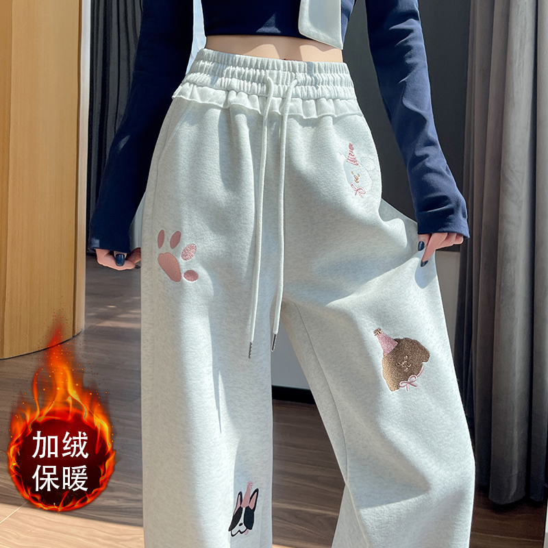 實拍2025秋冬加絨慵懶風卡通印花闊腿長褲女休閑顯瘦百搭運動衛褲