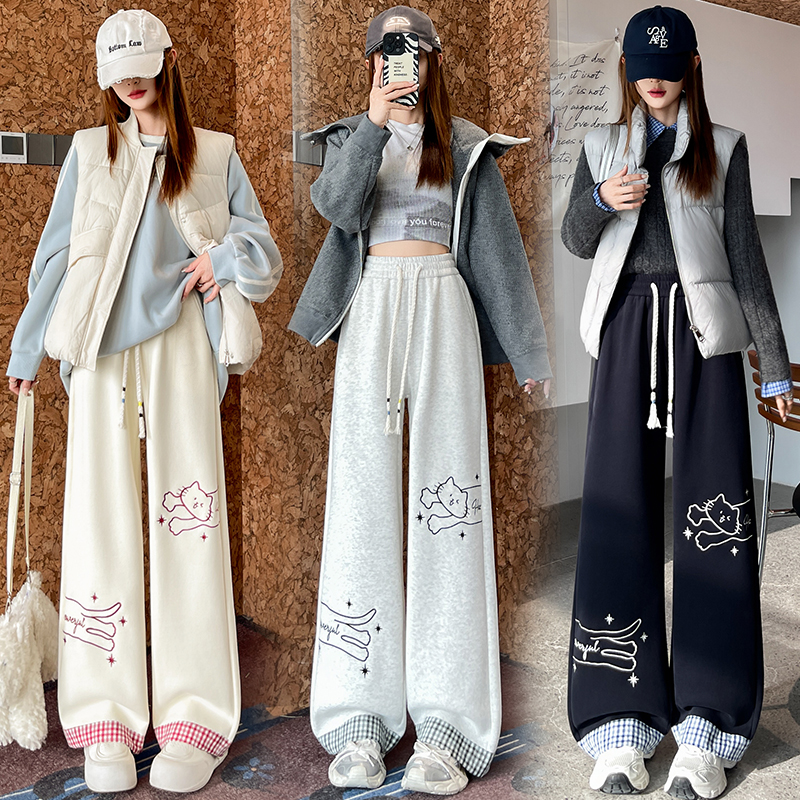 實拍2025秋冬加絨慵懶風卡通印花闊腿長褲女休閑顯瘦百搭運動衛褲