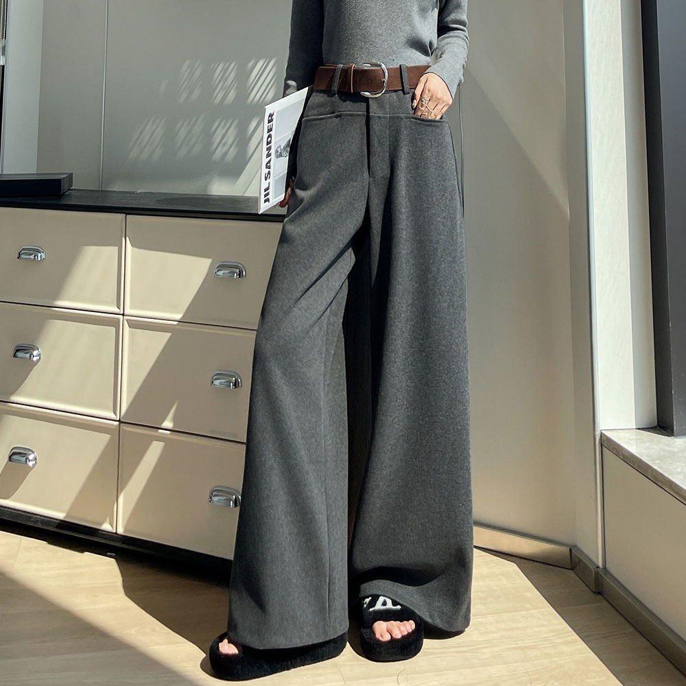 實拍2025秋冬新款毛呢西裝闊腿褲女直筒拖地褲高腰窄版休閑長褲子