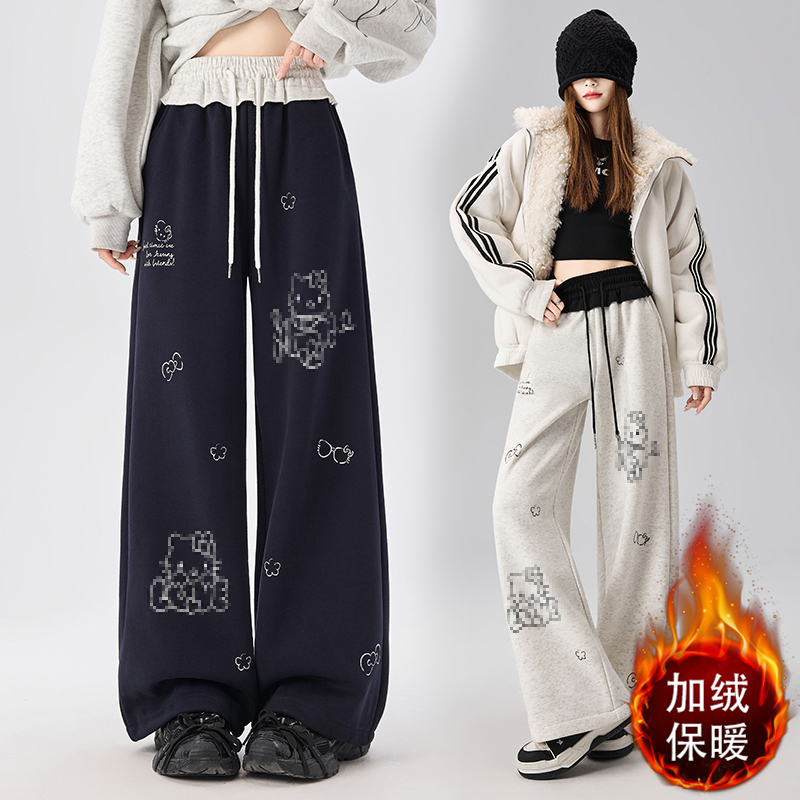 實拍2025秋冬加絨慵懶風卡通印花闊腿長褲女休閑顯瘦百搭運動衛褲