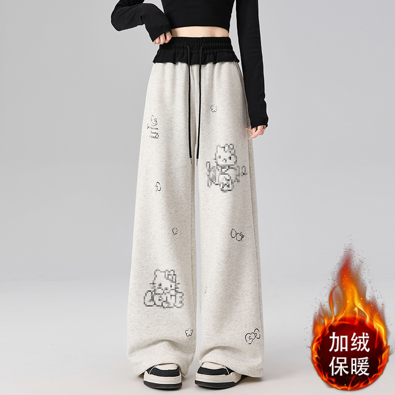 實拍2025秋冬加絨慵懶風卡通印花闊腿長褲女休閑顯瘦百搭運動衛褲