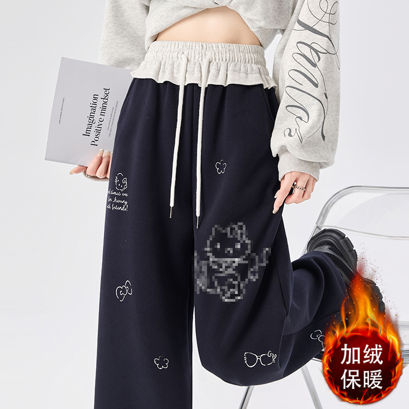 實拍2025秋冬加絨慵懶風卡通印花闊腿長褲女休閑顯瘦百搭運動衛褲