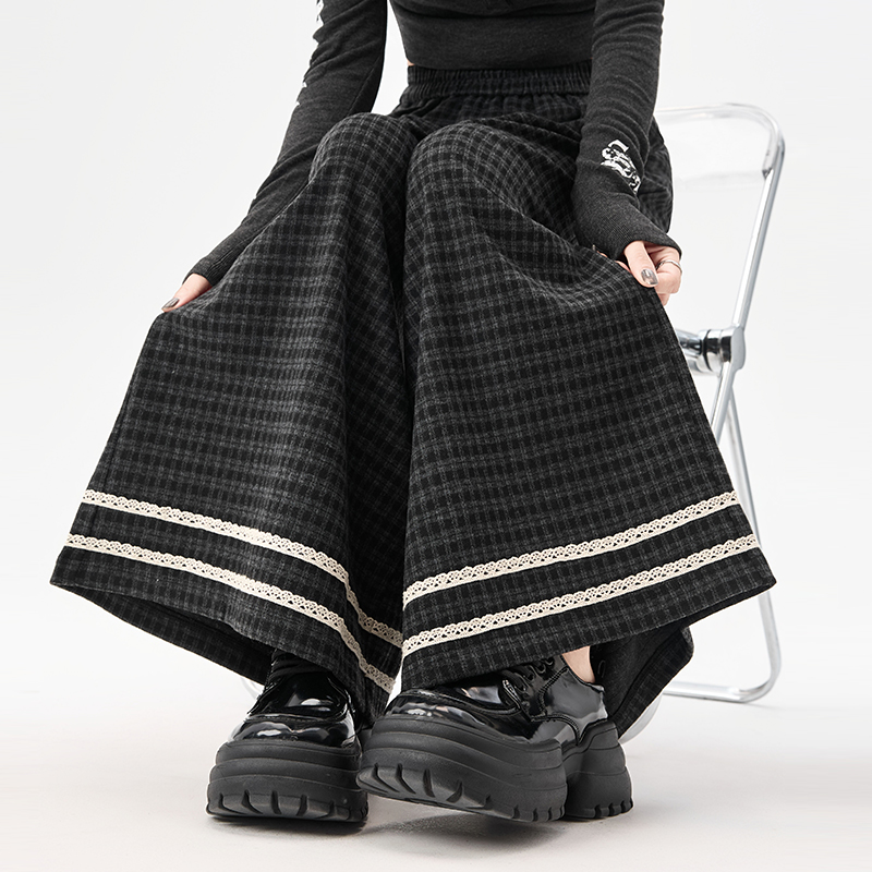 實拍蕾絲花邊高腰格子褲女新款韓版時尚復古松緊腰直筒闊腿褲長褲