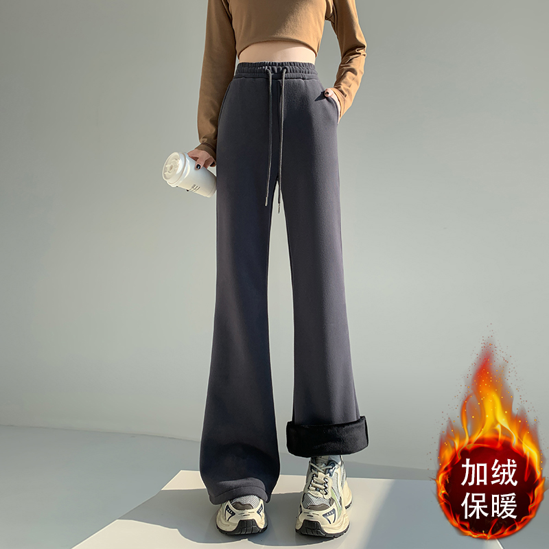 實拍加絨美式辣妹微喇衛褲女低腰顯瘦運動褲休閑馬蹄拖地褲喇叭褲