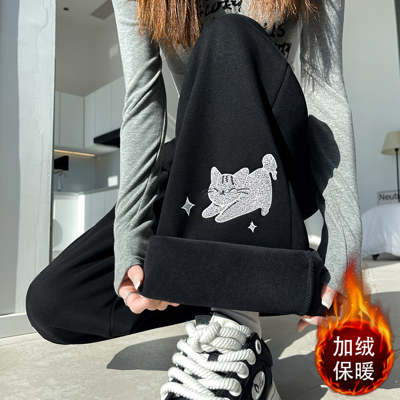 實拍2025秋冬加絨慵懶風卡通印花闊腿長褲女休閑顯瘦百搭運動衛褲