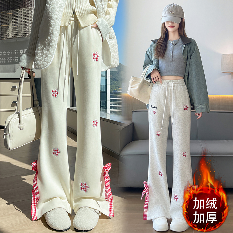 實拍2025秋冬新款加絨印花蝴蝶結微喇長褲女休閑顯瘦百搭運動衛褲