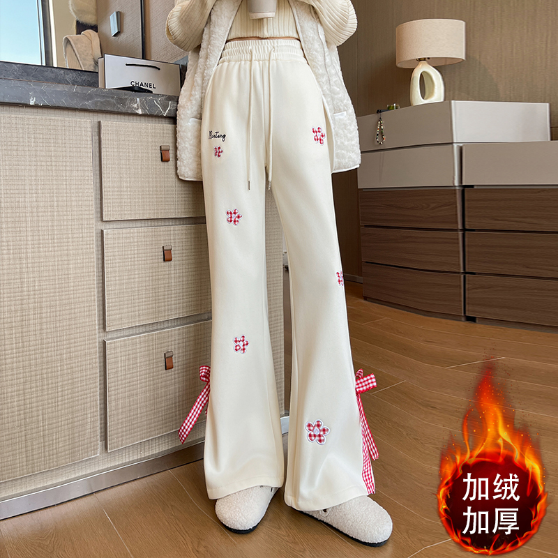實拍2025秋冬新款加絨印花蝴蝶結微喇長褲女休閑顯瘦百搭運動衛褲