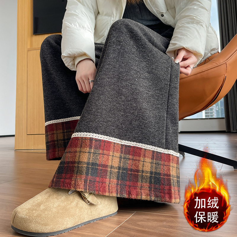 實拍2025冬季新款格子拼接加絨加厚毛呢闊腿褲女高腰直筒休閑長褲
