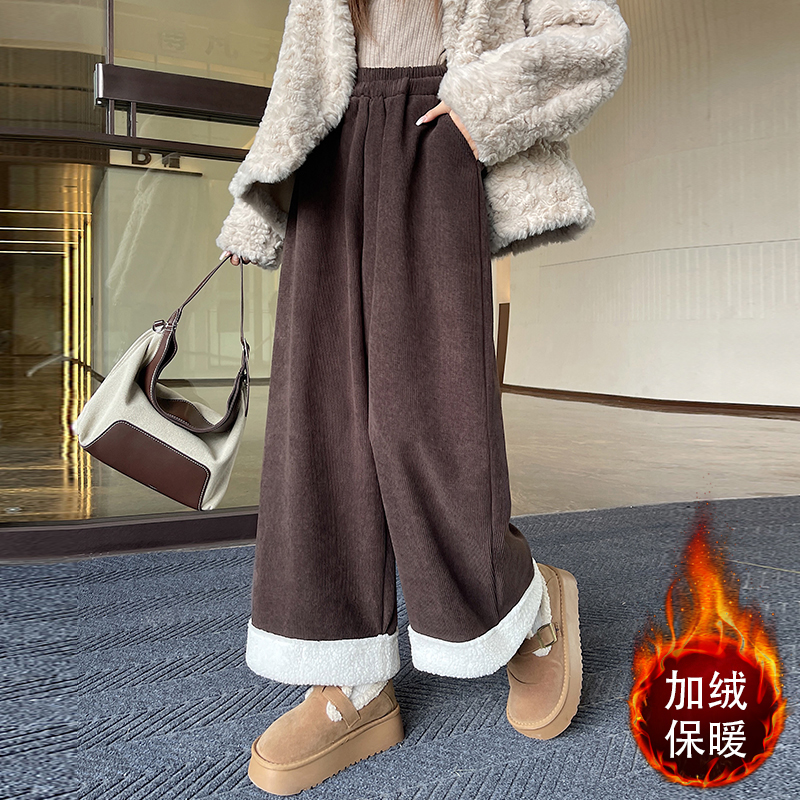 實拍燈芯絨拼接羊羔毛加絨闊腿褲女森系甜美軟糯直筒小個子休閑褲