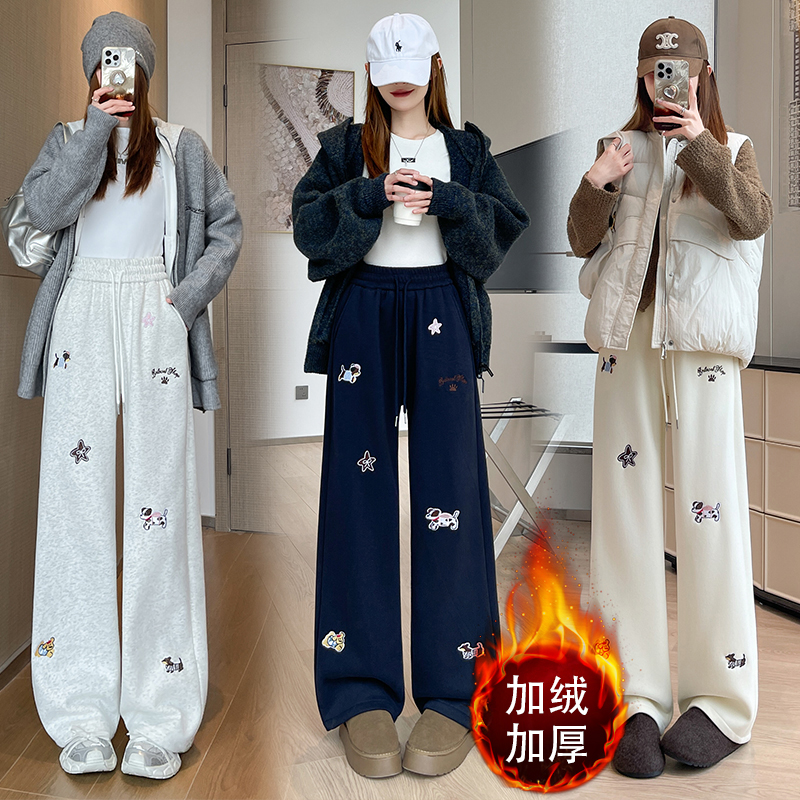 實拍2025秋冬加絨慵懶風卡通印花闊腿長褲女休閑顯瘦百搭運動衛褲