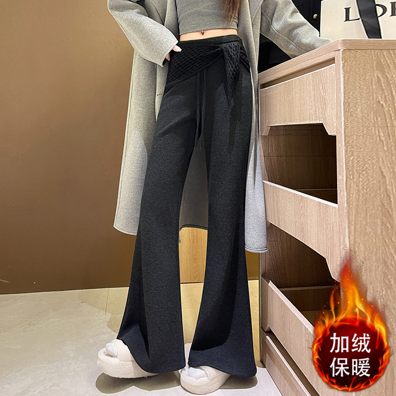 實拍羊絨加絨微喇褲女高腰窄版休閑喇叭運動衛褲拖地馬蹄褲帶屁簾