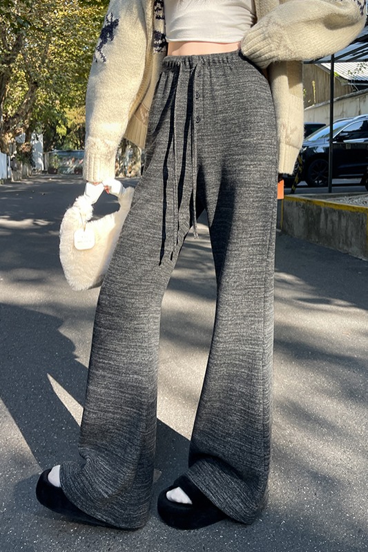實拍加絨羊絨條紋微喇褲女冬季慵懶風高腰垂感休閑直筒軟糯遛彎褲