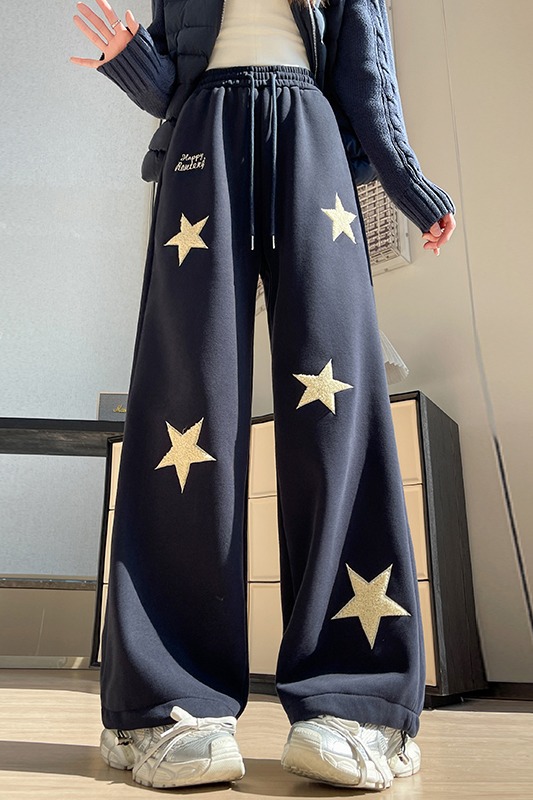 實拍星星刺繡運動衛褲女秋冬加絨美式慵懶風顯瘦闊腿休閑拖地褲子