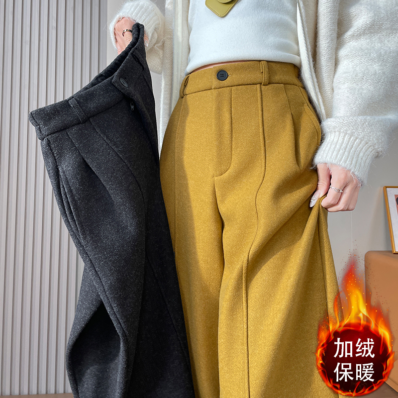 實拍加絨加厚羊毛呢哈倫休閑褲女冬季慵懶鐮刀褲垂感直筒氣球褲子