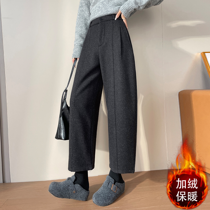 實拍加絨加厚羊毛呢哈倫休閑褲女冬季慵懶鐮刀褲垂感直筒氣球褲子