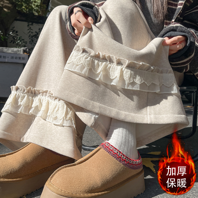 實拍2025冬季新款蕾絲花邊加絨加厚羊絨闊腿褲女高腰直筒休閑長褲