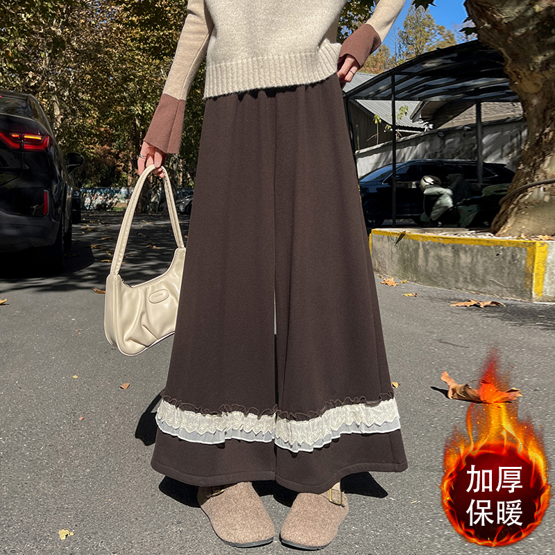 實拍2025冬季新款蕾絲花邊加絨加厚羊絨闊腿褲女高腰直筒休閑長褲