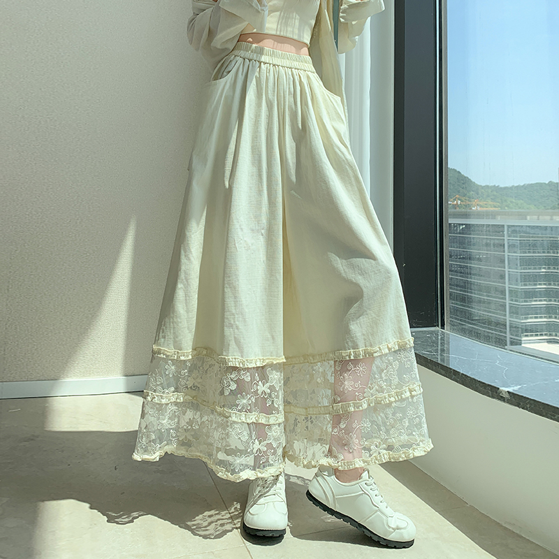 實拍鏤空蕾絲雙層木耳邊闊腿褲女高腰冰絲棉麻拼接設計休閑九分褲