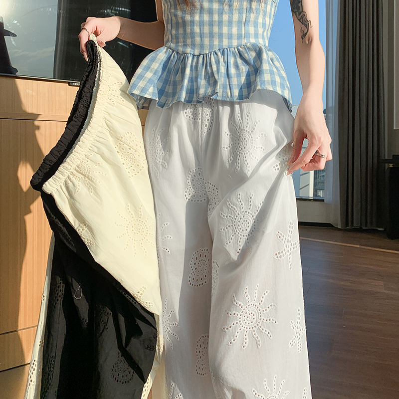 實拍刺繡鏤空薄款直筒褲女2026夏季新款高腰垂感寬松顯瘦休閑褲子