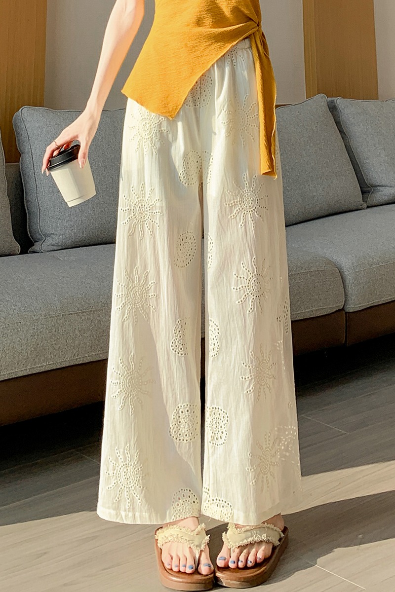 實拍刺繡鏤空薄款直筒褲女2026夏季新款高腰垂感寬松顯瘦休閑褲子