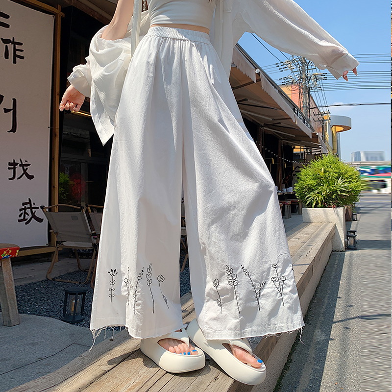 實拍薄款毛邊洗水棉刺繡闊腿褲女2026夏季新款寬松顯瘦休閑長褲子