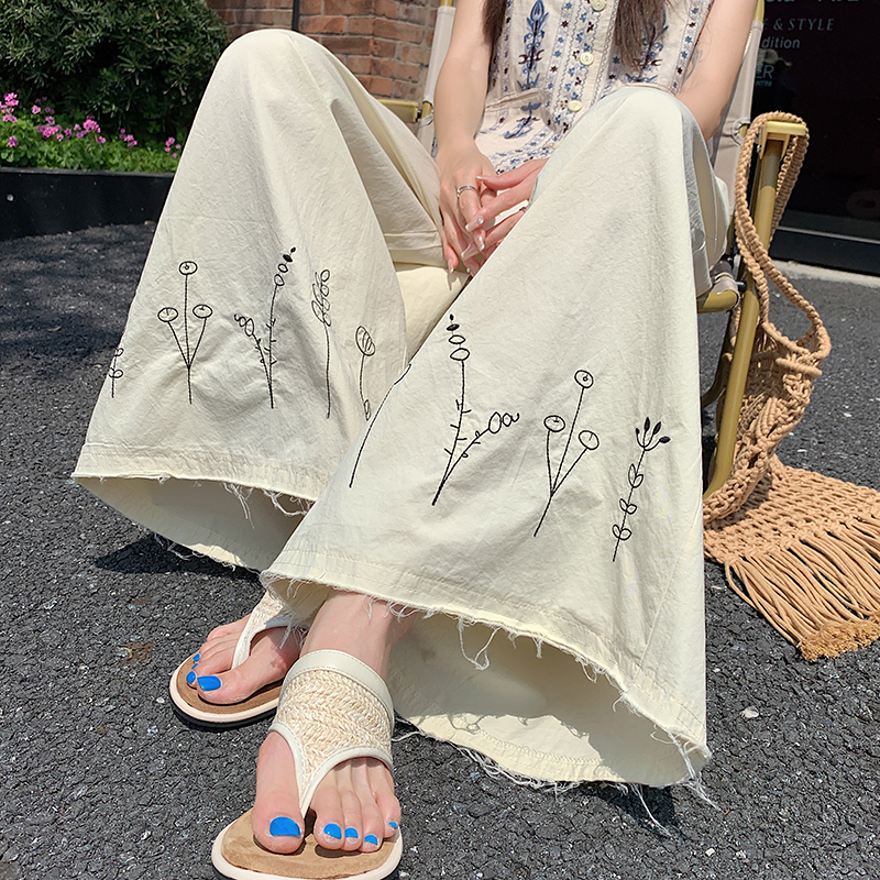實拍薄款毛邊洗水棉刺繡闊腿褲女2026夏季新款寬松顯瘦休閑長褲子