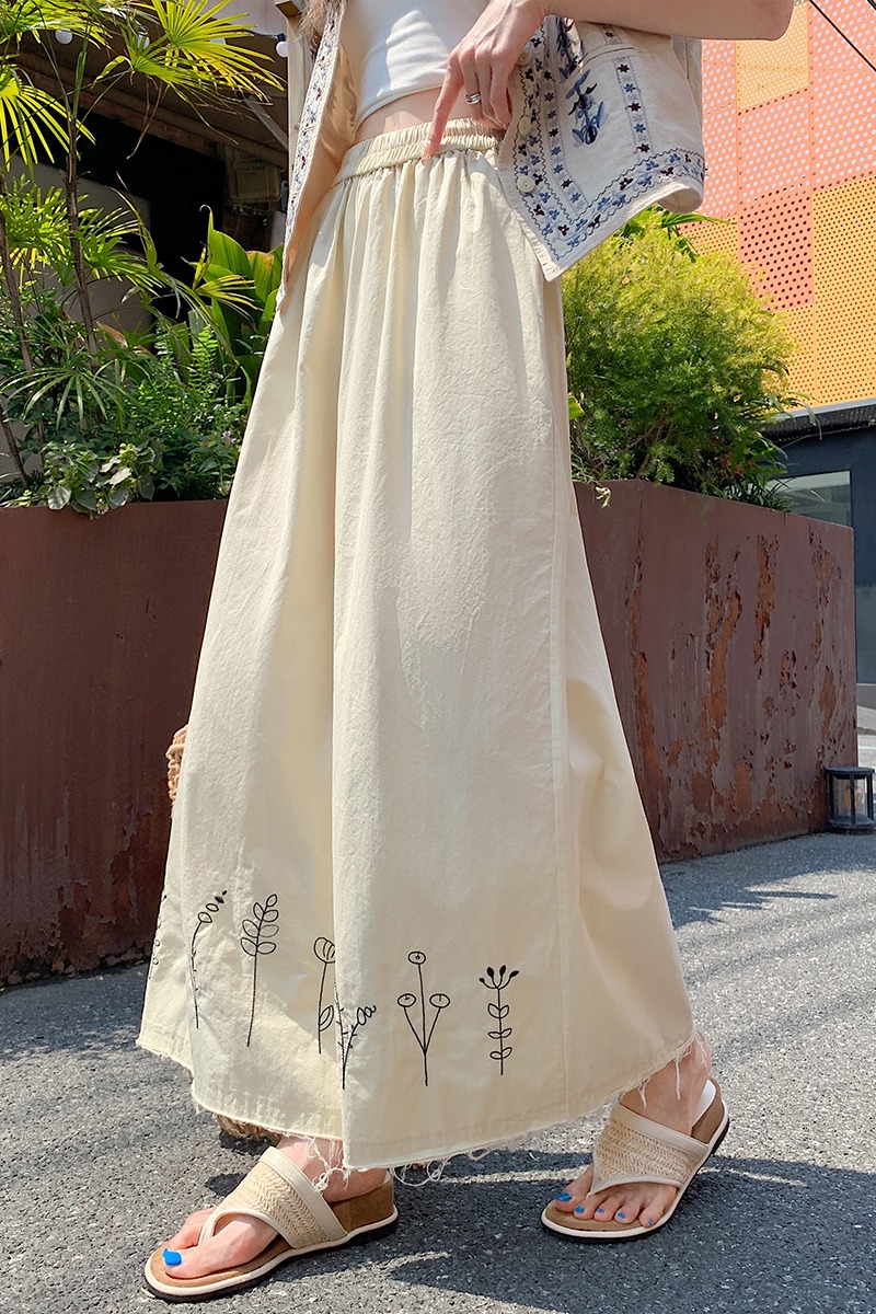 實拍薄款毛邊洗水棉刺繡闊腿褲女2026夏季新款寬松顯瘦休閑長褲子