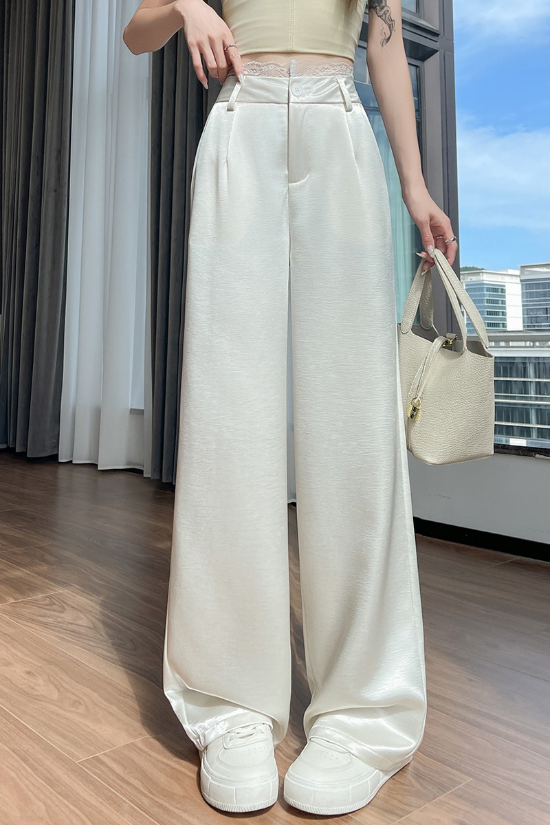 實拍蕾絲腰頭緞面闊腿褲女夏新款高腰垂感珠光醋酸休閑拖地西裝褲