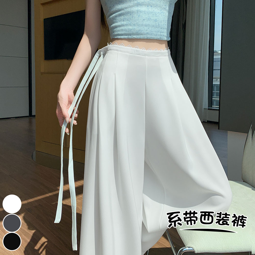 實拍高腰蕾絲花邊系帶西裝闊腿褲女夏新款垂感顯瘦休閑拖地西裝褲