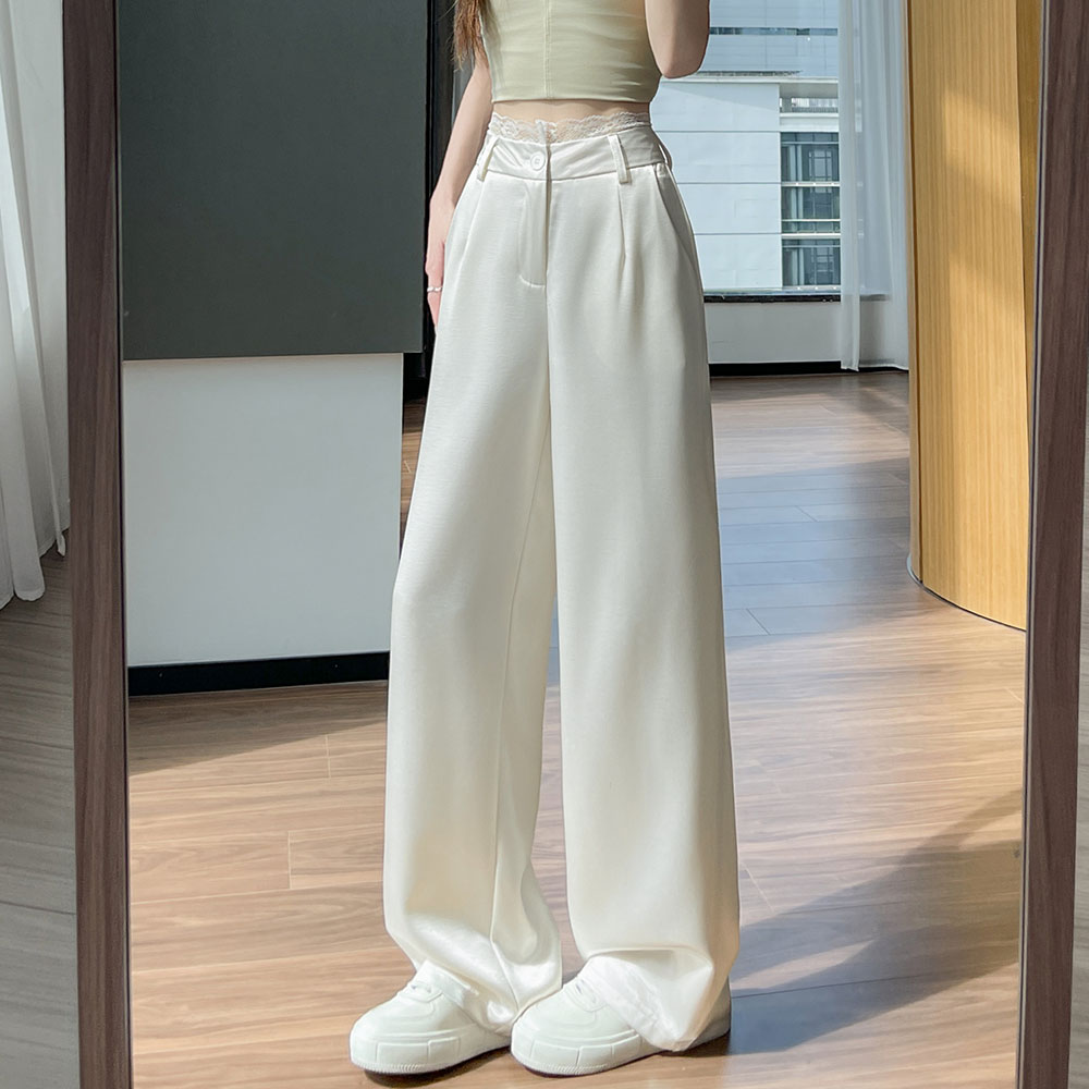 實拍蕾絲腰頭緞面闊腿褲女夏新款高腰垂感珠光醋酸休閑拖地西裝褲
